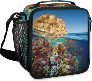 Budxapjw Coral Reef Rocks Insulated Lunch Bag with Shoulder Strap Sea Fish Reusable Cooler Square Tote Lunch Bag for Women Men Office Work Travel Picnic Camping