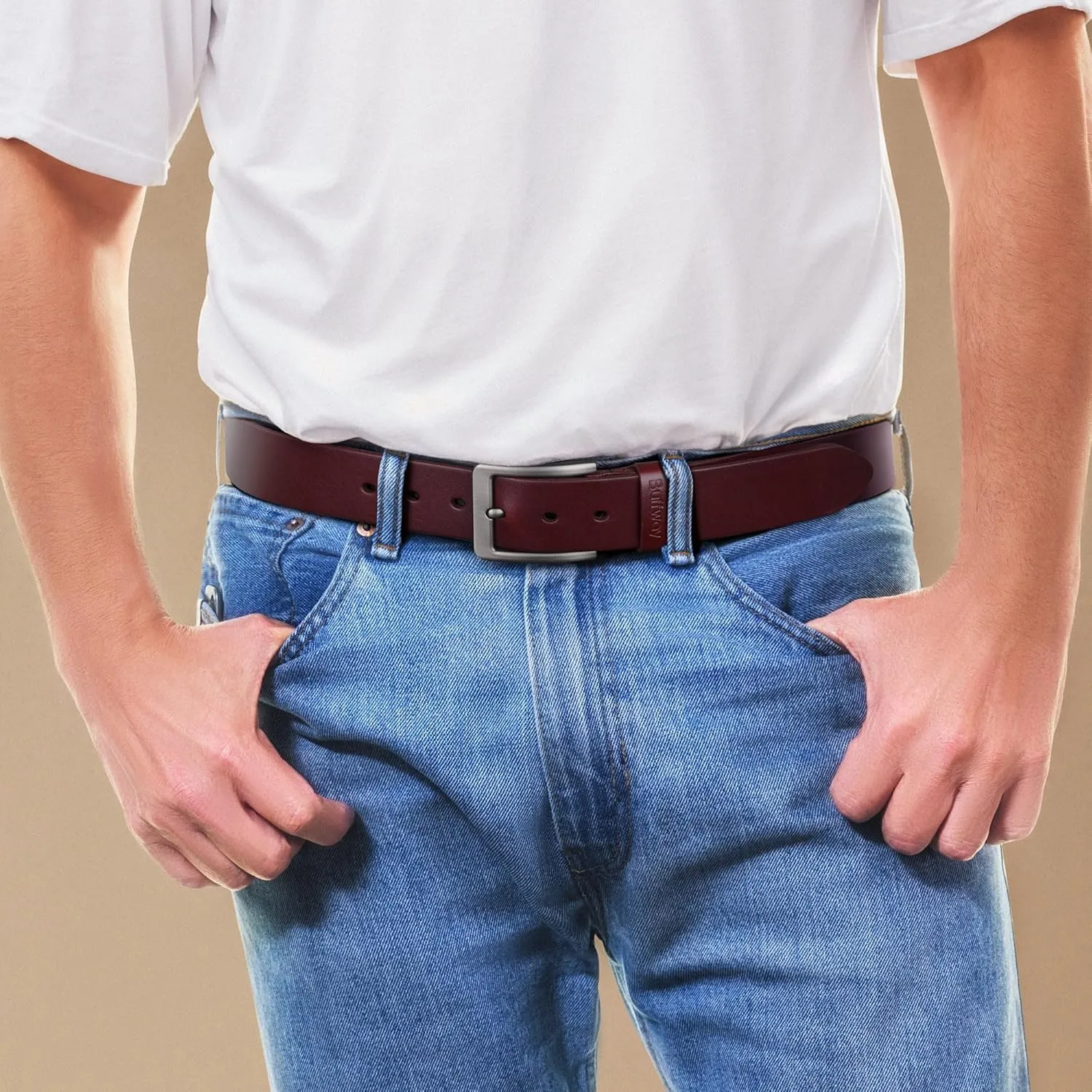 Buffway Leather Belt for Men - Durable Full Grain Men's Belt 1.5", Versatile for Daily Use, with Gift Box