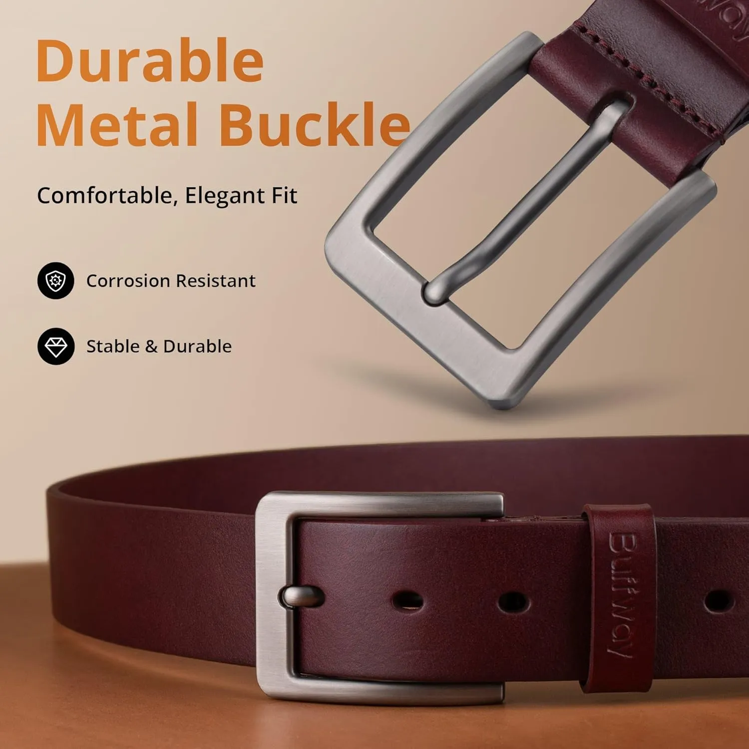 Buffway Leather Belt for Men - Durable Full Grain Men's Belt 1.5", Versatile for Daily Use, with Gift Box