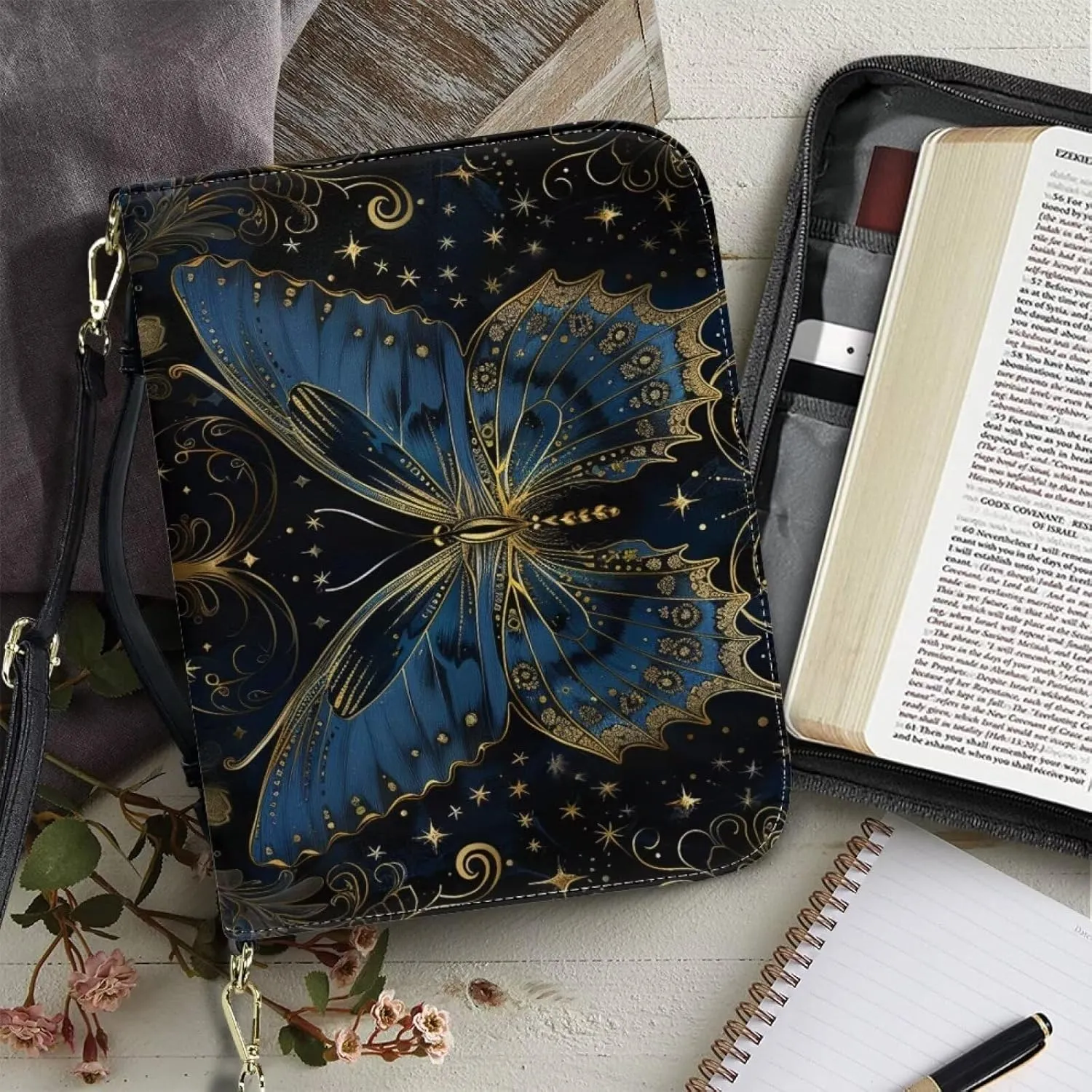 Butterfly Bible Cover Case for Women Leather, PU Leather Bible Tote Bag with Shoulder Strap, Portable Church Bible Bag with Pen Storage, Christian Gifts, Black and Blue, M