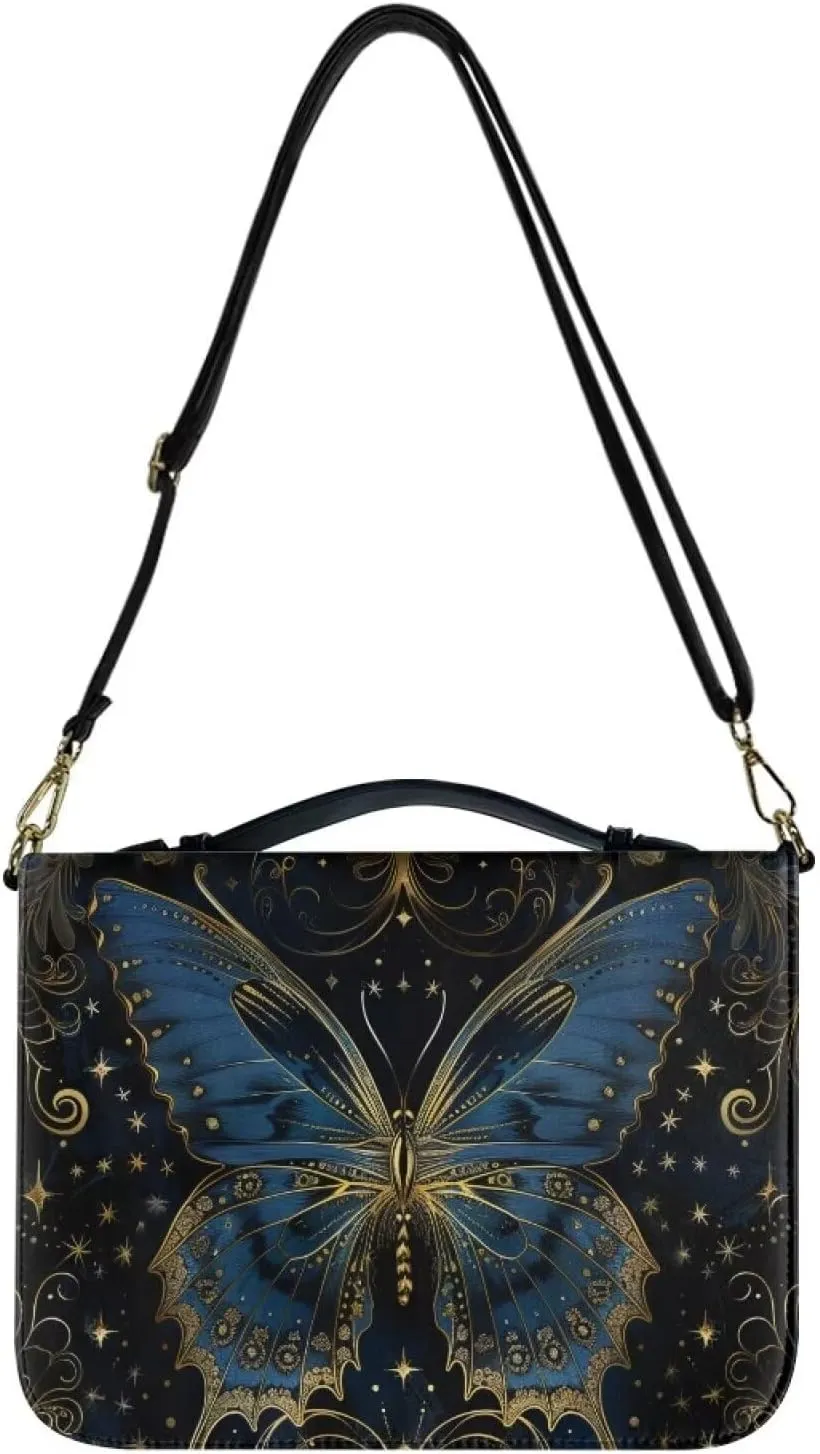 Butterfly Bible Cover Case for Women Leather, PU Leather Bible Tote Bag with Shoulder Strap, Portable Church Bible Bag with Pen Storage, Christian Gifts, Black and Blue, M
