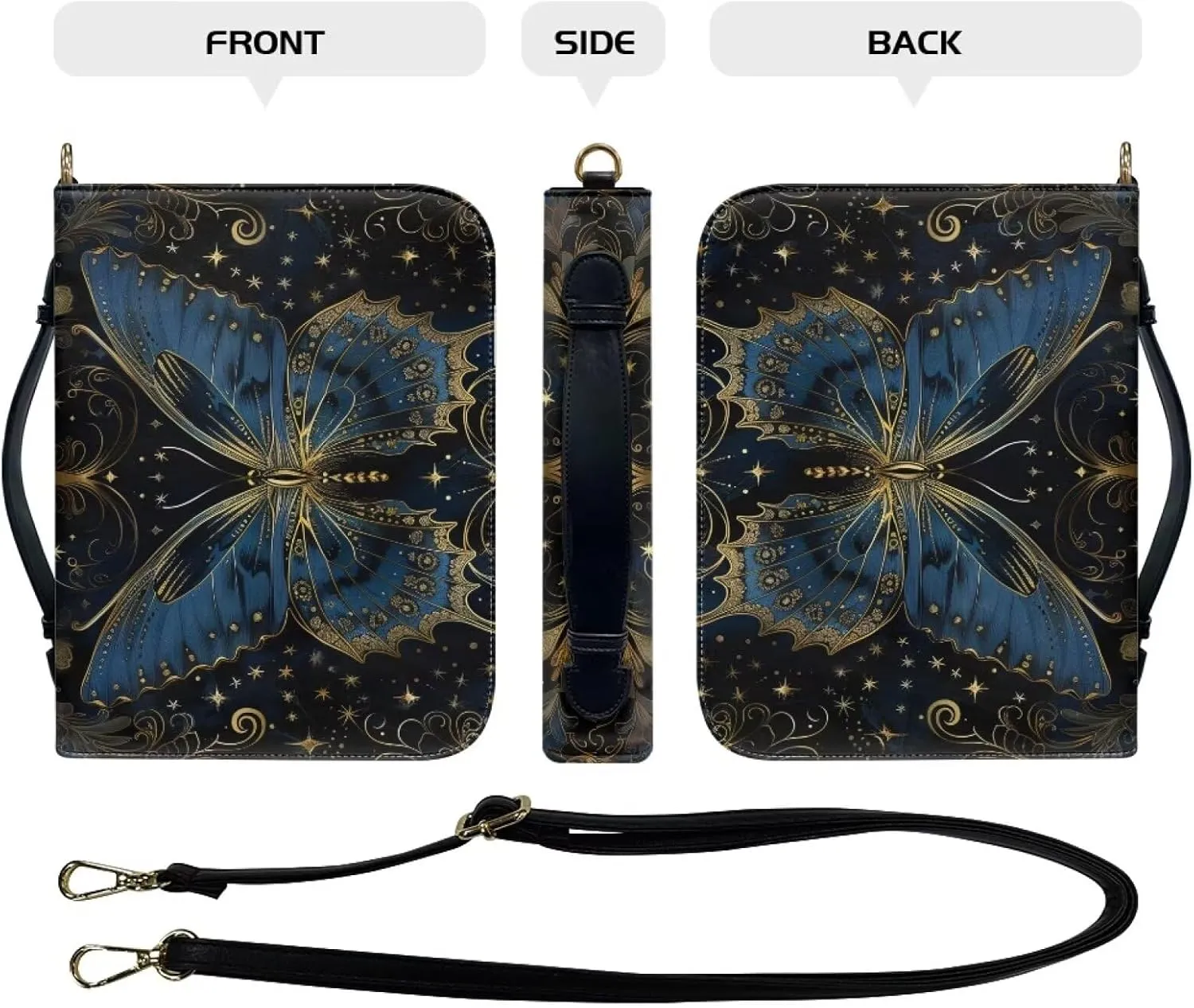 Butterfly Bible Cover Case for Women Leather, PU Leather Bible Tote Bag with Shoulder Strap, Portable Church Bible Bag with Pen Storage, Christian Gifts, Black and Blue, M