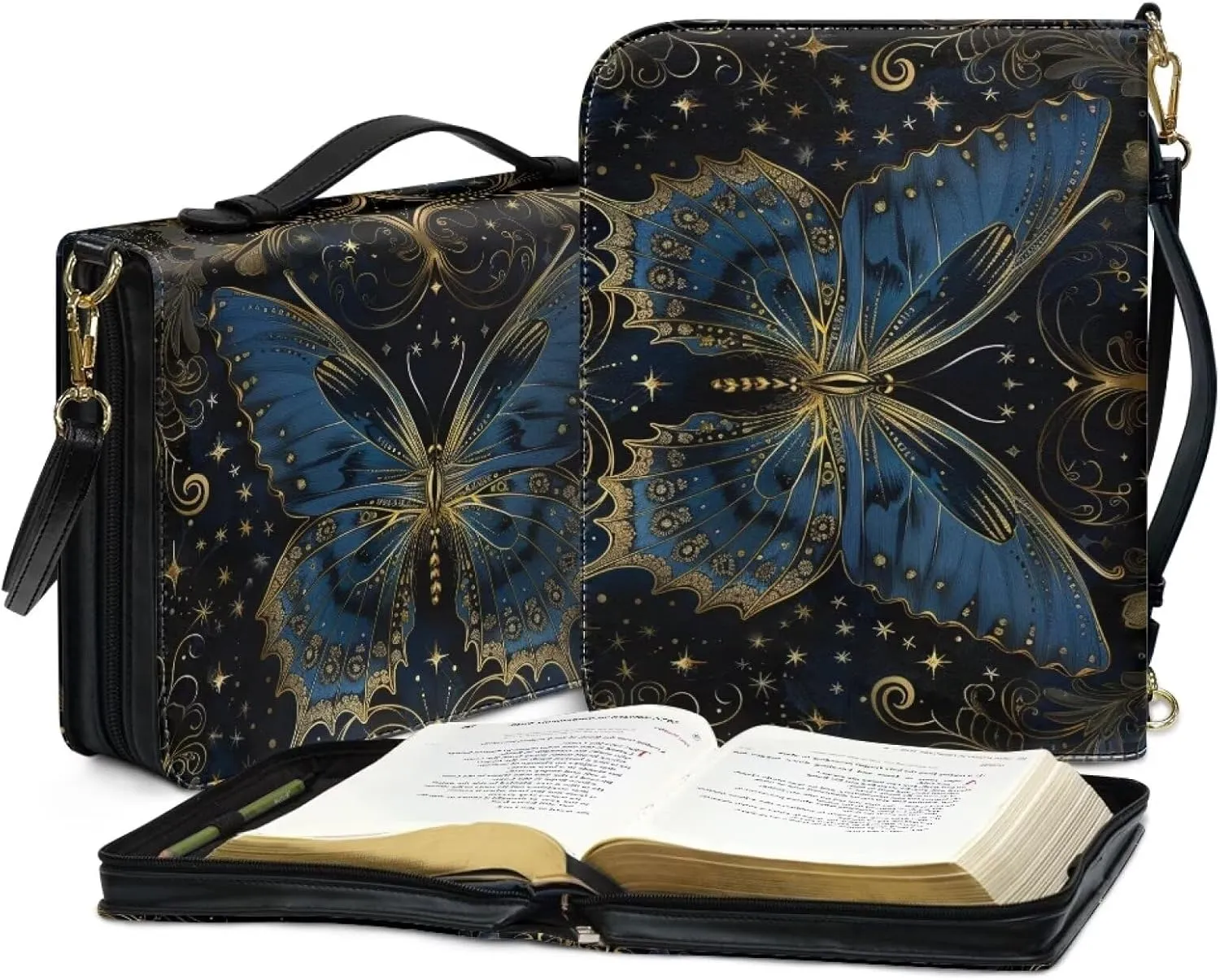 Butterfly Bible Cover Case for Women Leather, PU Leather Bible Tote Bag with Shoulder Strap, Portable Church Bible Bag with Pen Storage, Christian Gifts, Black and Blue, M