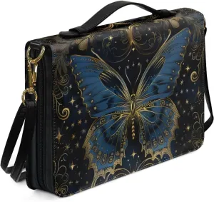 Butterfly Bible Cover Case for Women Leather, PU Leather Bible Tote Bag with Shoulder Strap, Portable Church Bible Bag with Pen Storage, Christian Gifts, Black and Blue, M