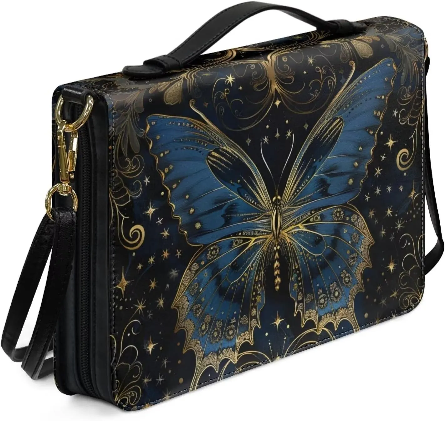 Butterfly Bible Cover Case for Women Leather, PU Leather Bible Tote Bag with Shoulder Strap, Portable Church Bible Bag with Pen Storage, Christian Gifts, Black and Blue, M