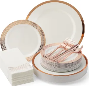 By Madee PREMIUM Elegant Plastic Dinnerware Set - 175 Pc Rose Gold Party Plates and Utensils Set with Luxury Napkins - Perfect for Weddings, Bridal & Baby Shower (25 Guests)