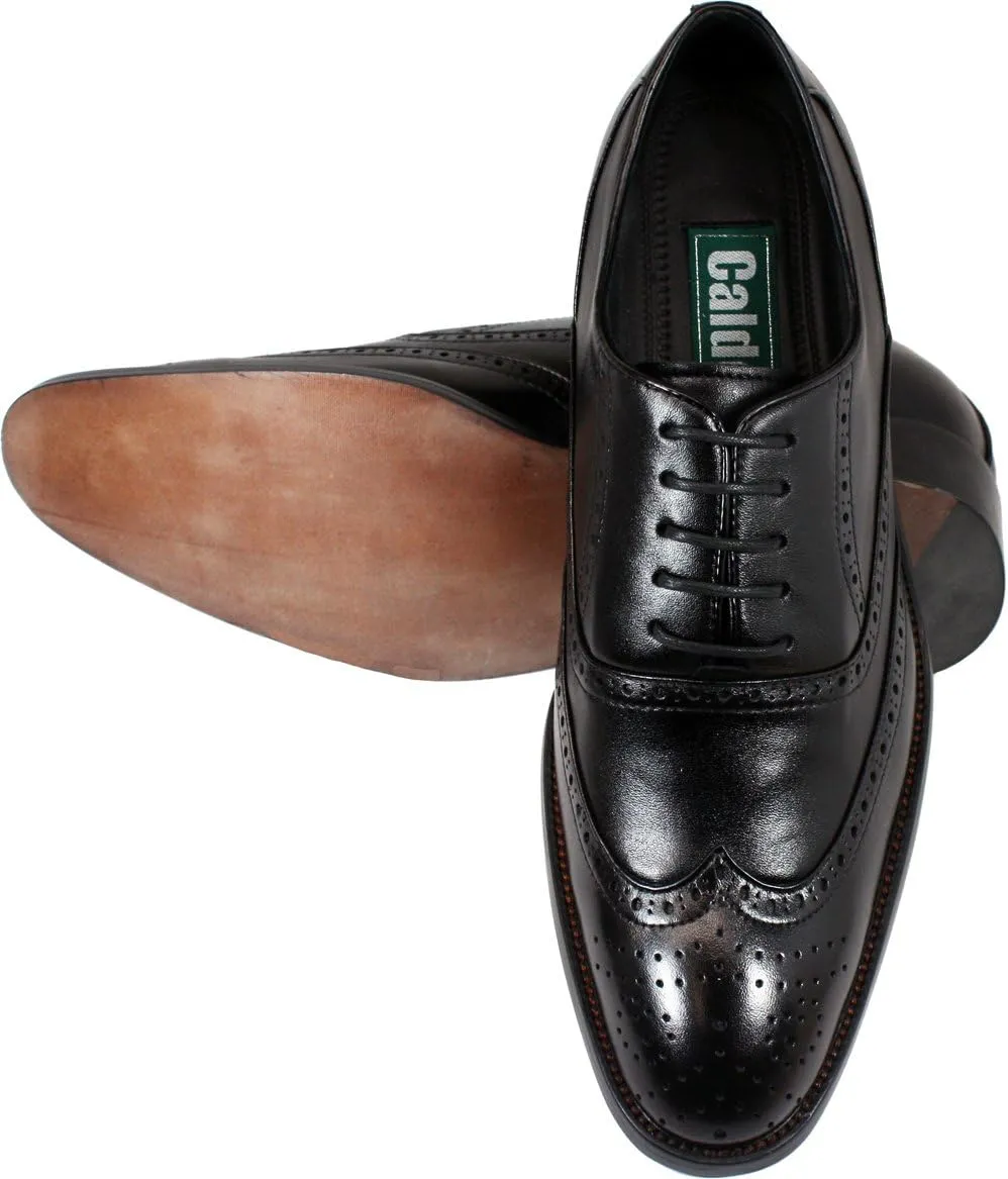 Calden Men's Invisible Height Increasing Elevator Shoes - Black Leather Lace-up Wing-tip Formal Oxfords with Leather Bottom - 3 Inches Taller - K9G018