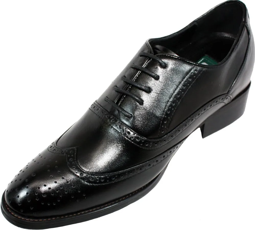 Calden Men's Invisible Height Increasing Elevator Shoes - Black Leather Lace-up Wing-tip Formal Oxfords with Leather Bottom - 3 Inches Taller - K9G018