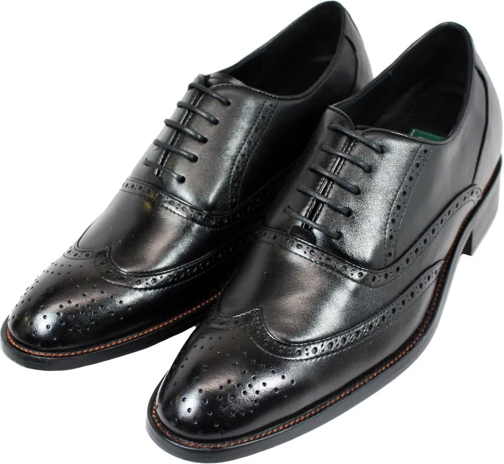 Calden Men's Invisible Height Increasing Elevator Shoes - Black Leather Lace-up Wing-tip Formal Oxfords with Leather Bottom - 3 Inches Taller - K9G018