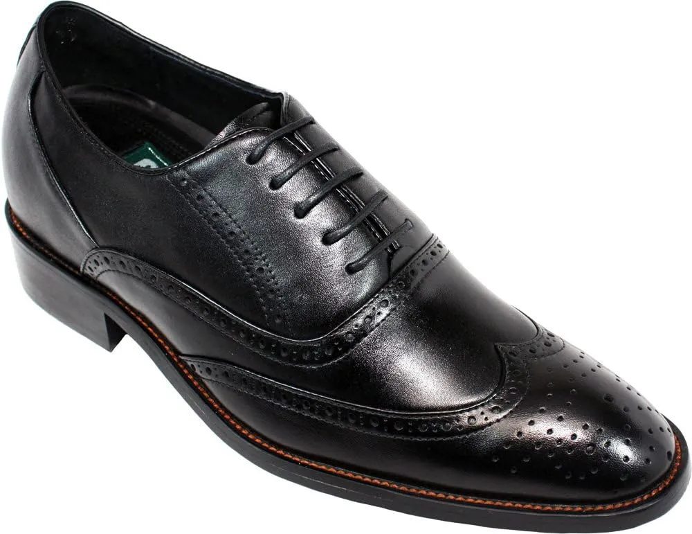 Calden Men's Invisible Height Increasing Elevator Shoes - Black Leather Lace-up Wing-tip Formal Oxfords with Leather Bottom - 3 Inches Taller - K9G018