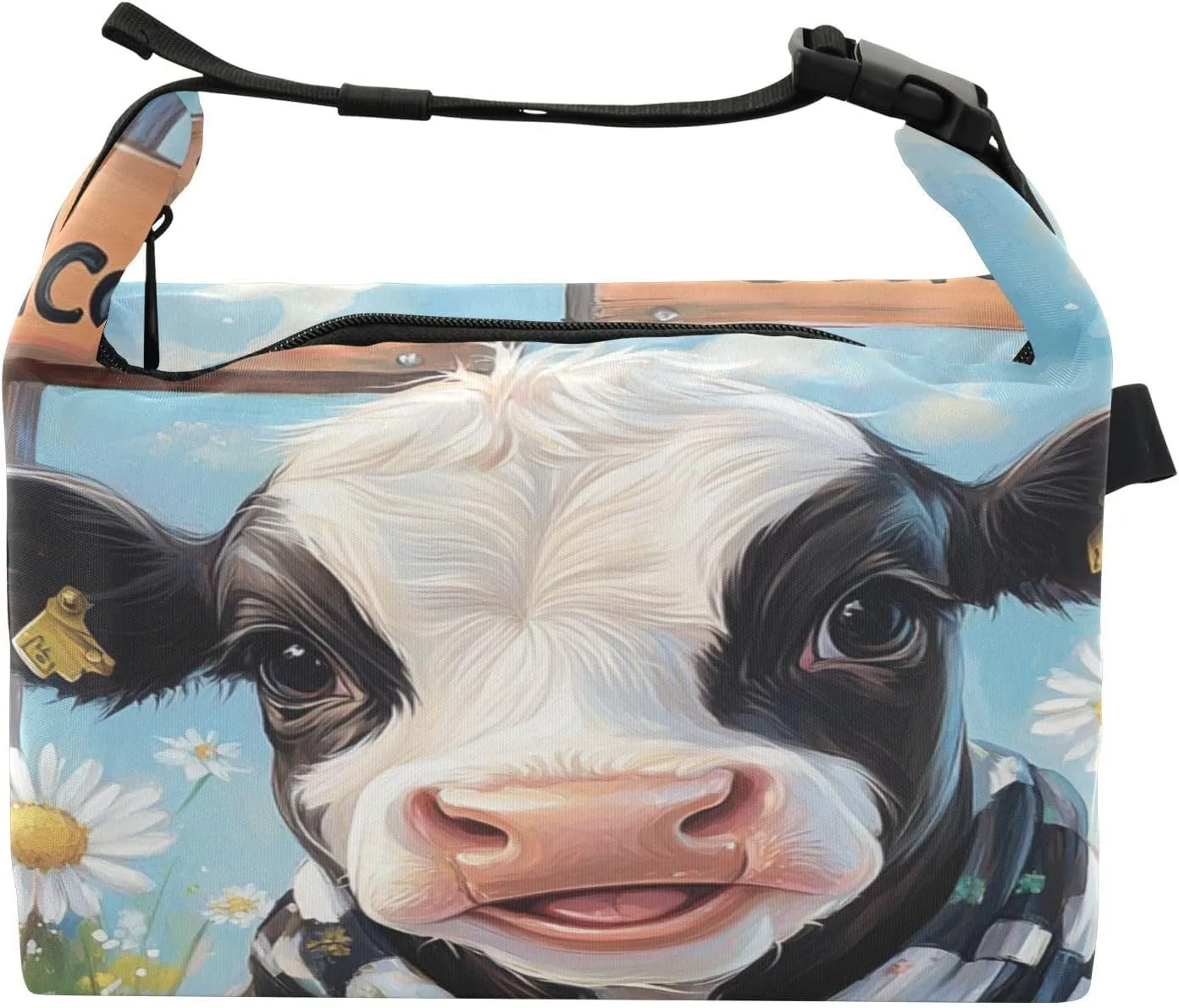 Calf Cow Daisy Blue Kids Lunch Box for Boys Girls Insulated Lunch Container Thermal Meal Tote with Handle Buckle for Work Travel
