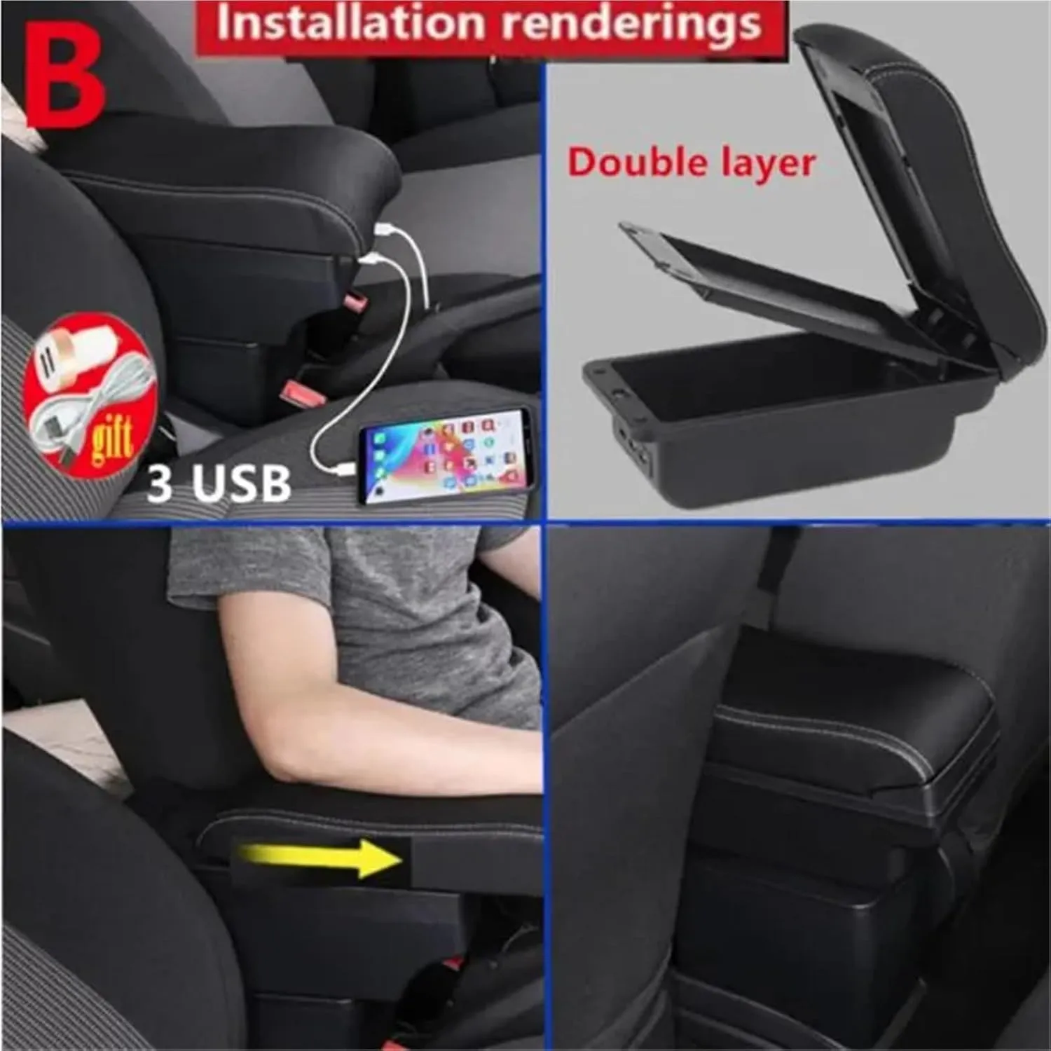 Car Armrest Box Compatible with Nissan Kicks Armrest Box Compatible with Nissan Kicks Storage Box Interior Dedicated Retrofit Car Accessories 2016-2024(A2 Black line NO USB)