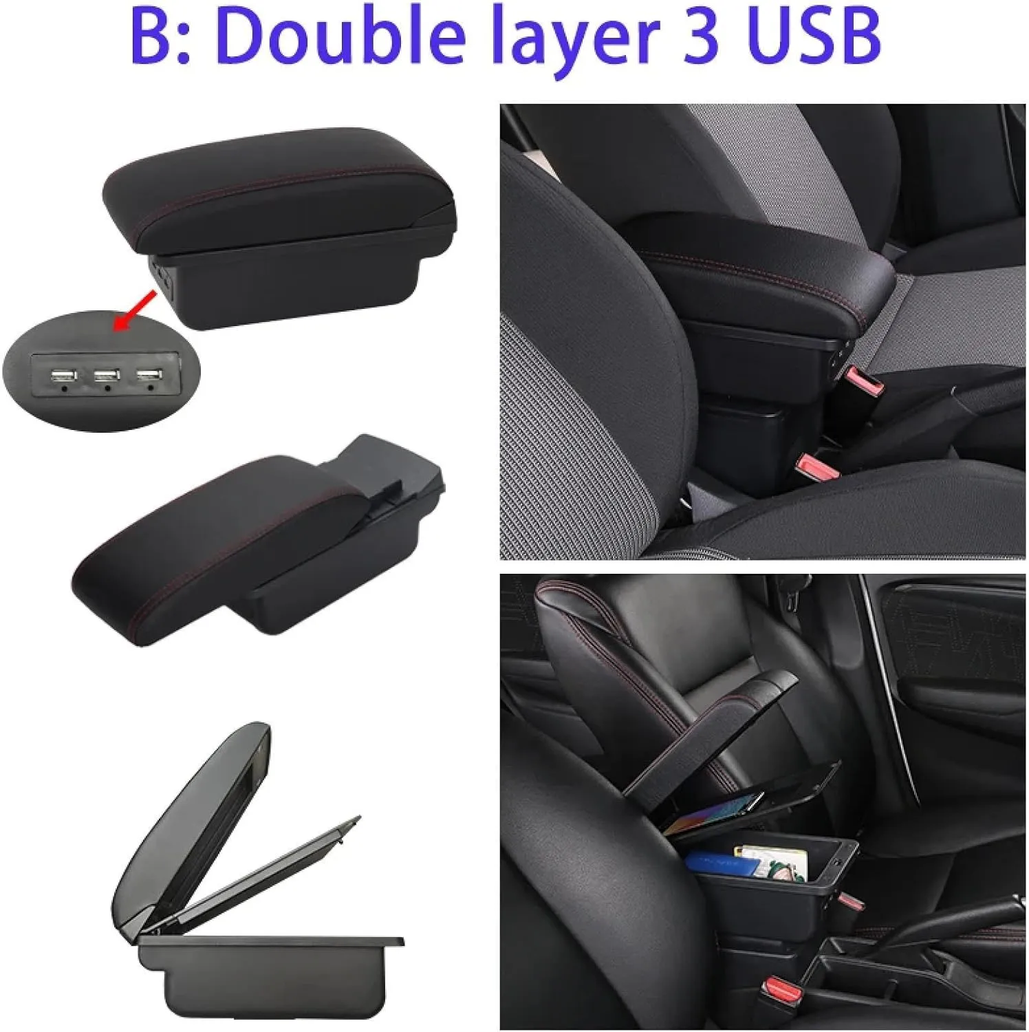 Car Armrest Box for Nissan Kicks 2016-2021 Arm Rest Center Console Storage Box Retrofit Parts Interior Accessories(B1 Black line 3 USB)