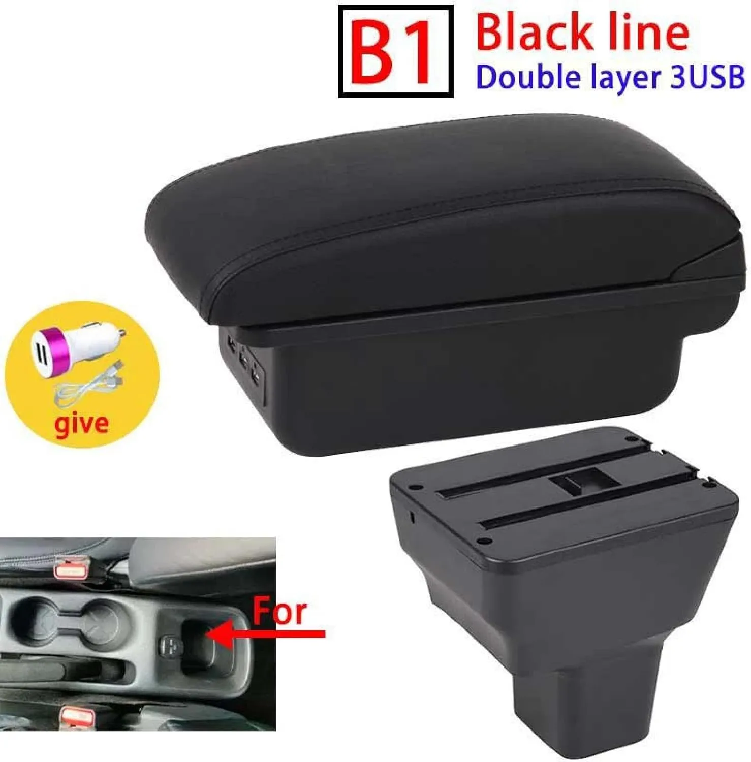 Car Armrest Box for Nissan Kicks 2016-2021 Arm Rest Center Console Storage Box Retrofit Parts Interior Accessories(B1 Black line 3 USB)