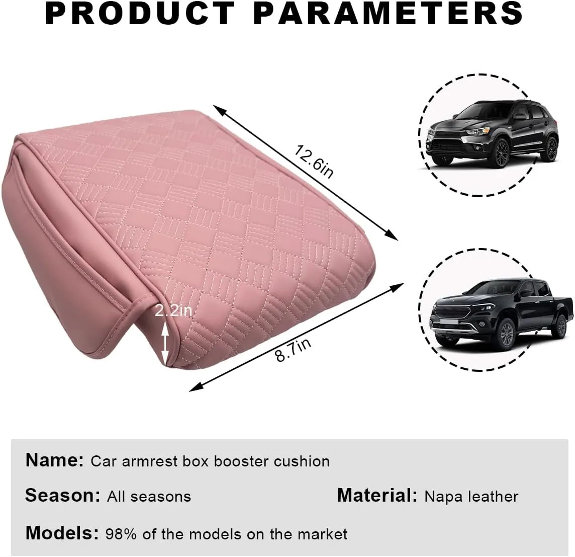Car Center Console Cover, Waterproof Leather Armrest Box Cushion with Organizer Pocket, Soft Memory Foam Armrest Seat Box Protector Pad for Most Vehicle, Car Accessories (Pink)