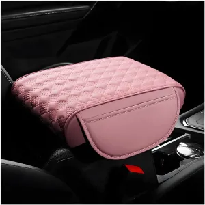 Car Center Console Cover, Waterproof Leather Armrest Box Cushion with Organizer Pocket, Soft Memory Foam Armrest Seat Box Protector Pad for Most Vehicle, Car Accessories (Pink)