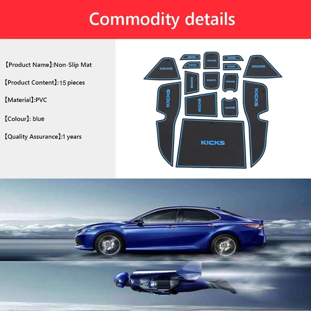 Car Interior Accessories Door Storage Mat,Gate Slot Mat,Coaster Mat Dust-Proof Anti-Slip Center Console Holder Cup 15 Pcs/Set(Blue) for Nissan Kicks(2021 2022 223)