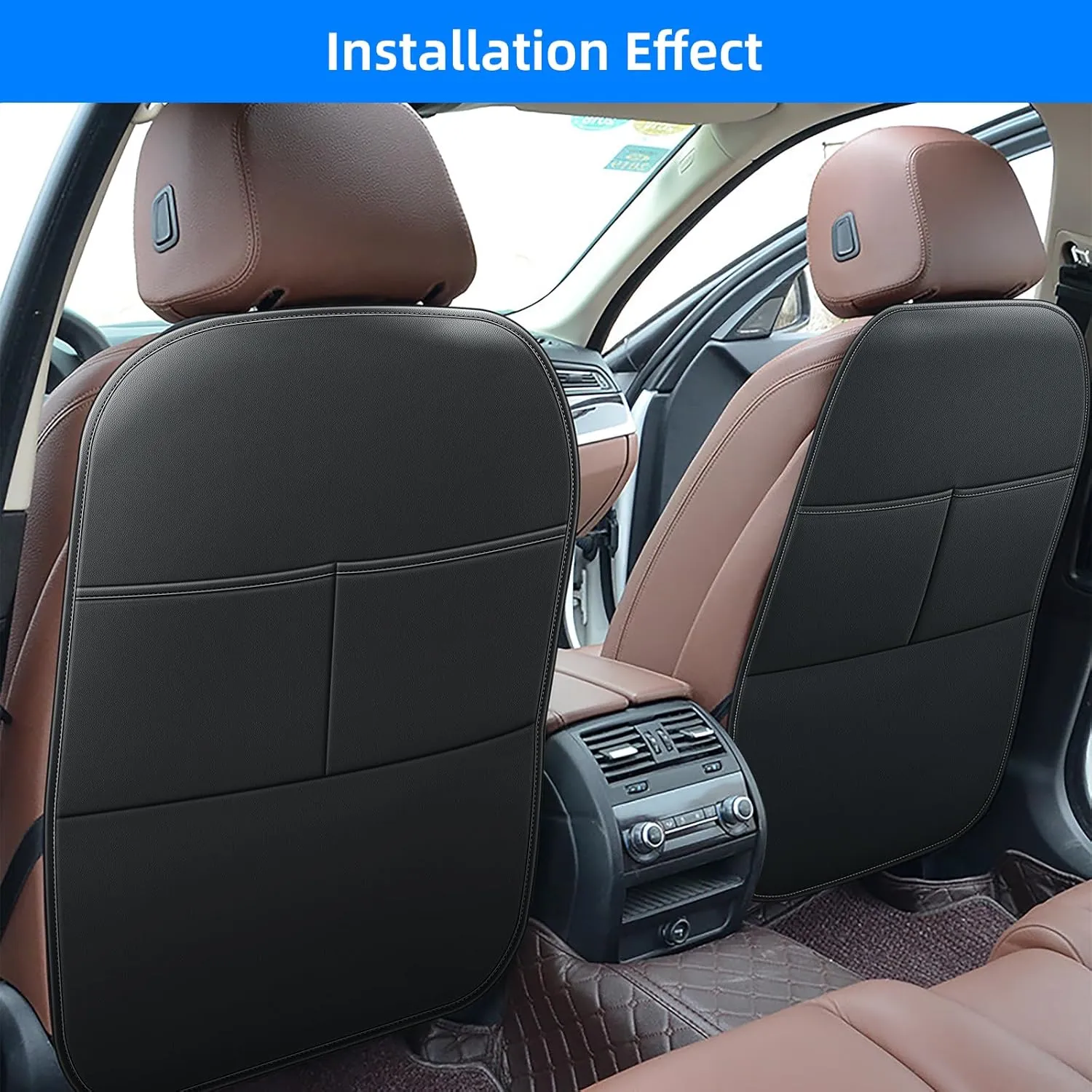 Car Kick Mats Back Seat Protector for Honda CRV CR-V SUV with 2 Pocket Storage Organizer, Waterproof Dirt Proof Faux Leather Back Seat Covers for Kids Automotive Accessories (1 Pair,Black)