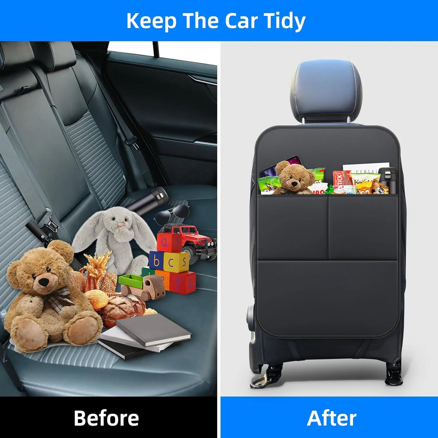 Car Kick Mats Back Seat Protector for Honda CRV CR-V SUV with 2 Pocket Storage Organizer, Waterproof Dirt Proof Faux Leather Back Seat Covers for Kids Automotive Accessories (1 Pair,Black)