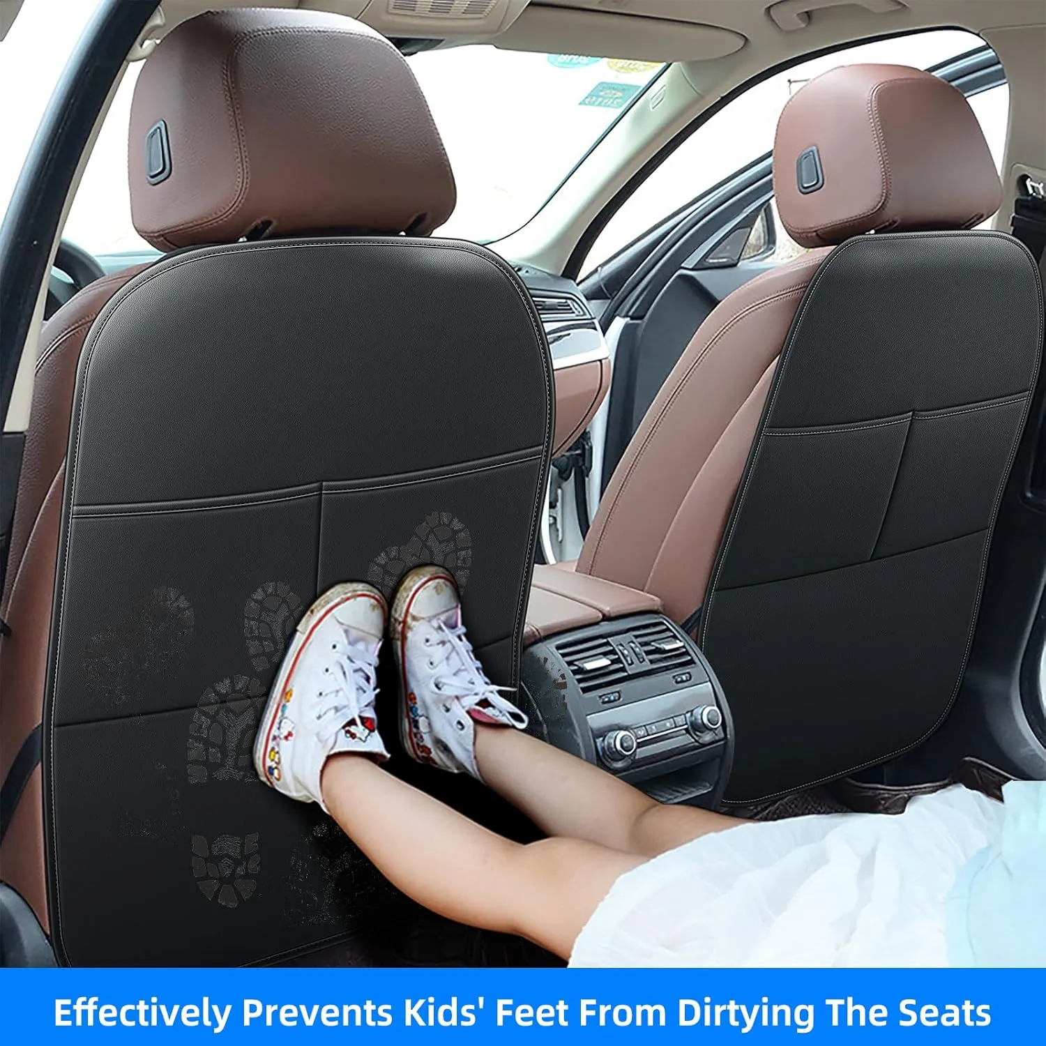 Car Kick Mats Back Seat Protector for Honda CRV CR-V SUV with 2 Pocket Storage Organizer, Waterproof Dirt Proof Faux Leather Back Seat Covers for Kids Automotive Accessories (1 Pair,Black)