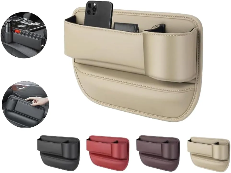 Car Leather Cup Holder Gap Bag,Seat Gap Storage Box,Adjustable Car Seat Storage Box,Leather Cup Holder Gap Bag with Cup Holder for Phones Glasses Keys Cards (Beige,B)