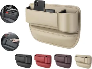 Car Leather Cup Holder Gap Bag,Seat Gap Storage Box,Adjustable Car Seat Storage Box,Leather Cup Holder Gap Bag with Cup Holder for Phones Glasses Keys Cards (Beige,B)