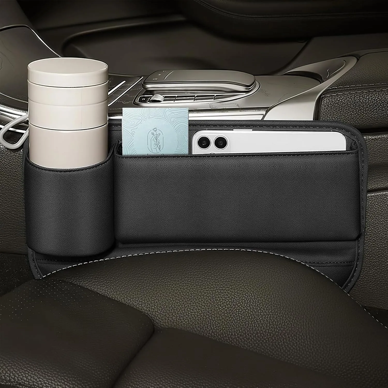 Car Leather Cup Holder Gap Bag,Seat Gap Storage Box,Adjustable Car Seat Storage Box,Leather Cup Holder Gap Bag with Cup Holder for Phones Glasses Keys Cards (Red,A)