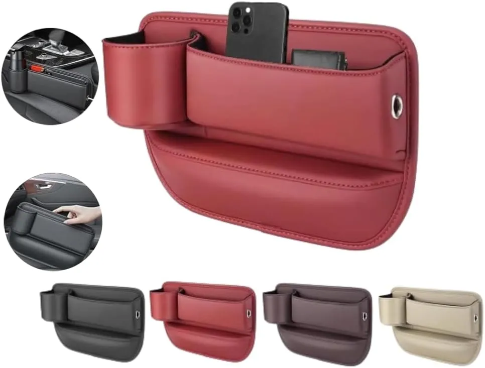 Car Leather Cup Holder Gap Bag,Seat Gap Storage Box,Adjustable Car Seat Storage Box,Leather Cup Holder Gap Bag with Cup Holder for Phones Glasses Keys Cards (Red,A)