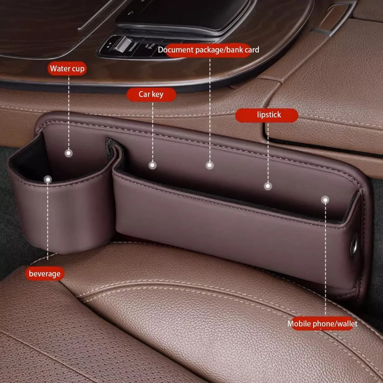 Car Leather Cup Holder Gap Bag,Seat Gap Storage Box,Adjustable Car Seat Storage Box,Leather Cup Holder Gap Bag with Cup Holder for Phones Glasses Keys Cards (Red,A)