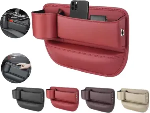 Car Leather Cup Holder Gap Bag,Seat Gap Storage Box,Adjustable Car Seat Storage Box,Leather Cup Holder Gap Bag with Cup Holder for Phones Glasses Keys Cards (Red,A)