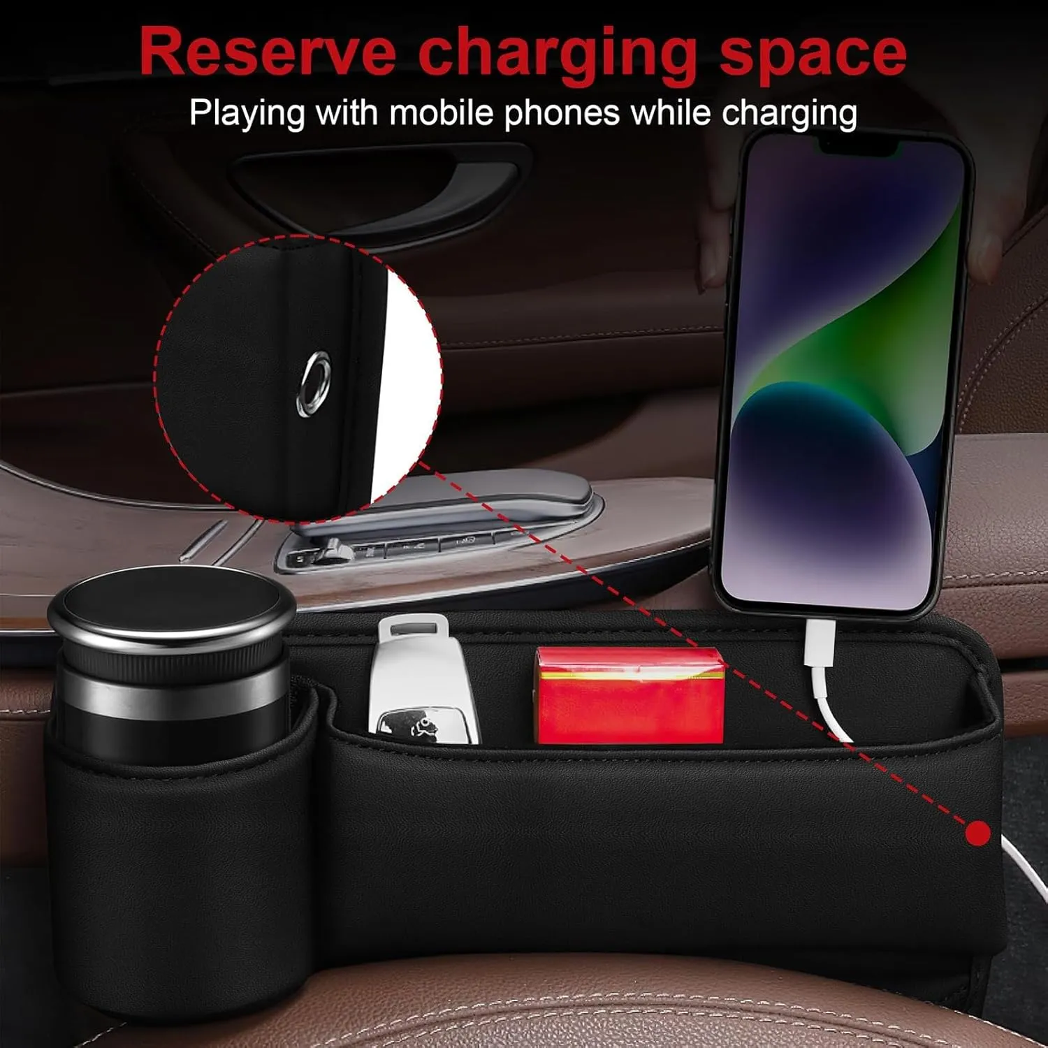Car Leather Cup Holder Gap Bag,Seat Gap Storage Box,Adjustable Car Seat Storage Box,Leather Cup Holder Gap Bag with Cup Holder for Phones Glasses Keys Cards (Red,A)