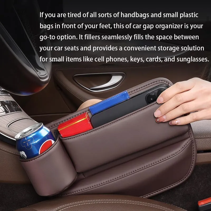 Car Leather Cup Holder Gap Bag,Seat Gap Storage Box,Adjustable Car Seat Storage Box,Leather Cup Holder Gap Bag with Cup Holder for Phones Glasses Keys Cards (Red,B)