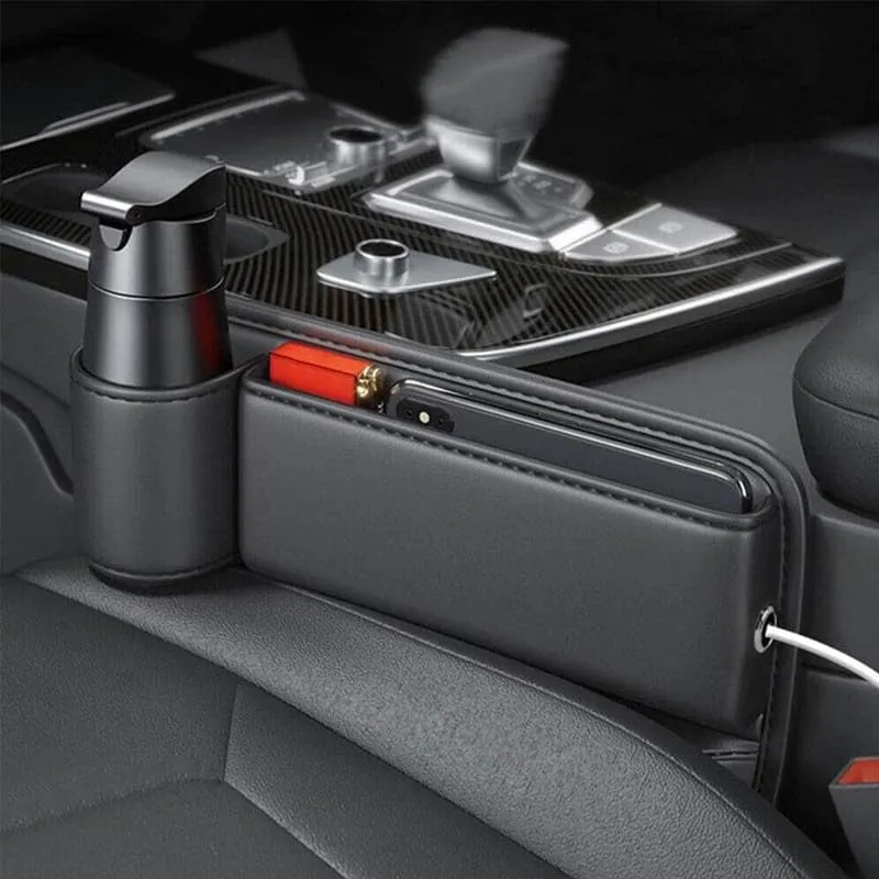 Car Leather Cup Holder Gap Bag,Seat Gap Storage Box,Adjustable Car Seat Storage Box,Leather Cup Holder Gap Bag with Cup Holder for Phones Glasses Keys Cards (Red,B)