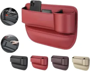 Car Leather Cup Holder Gap Bag,Seat Gap Storage Box,Adjustable Car Seat Storage Box,Leather Cup Holder Gap Bag with Cup Holder for Phones Glasses Keys Cards (Red,B)