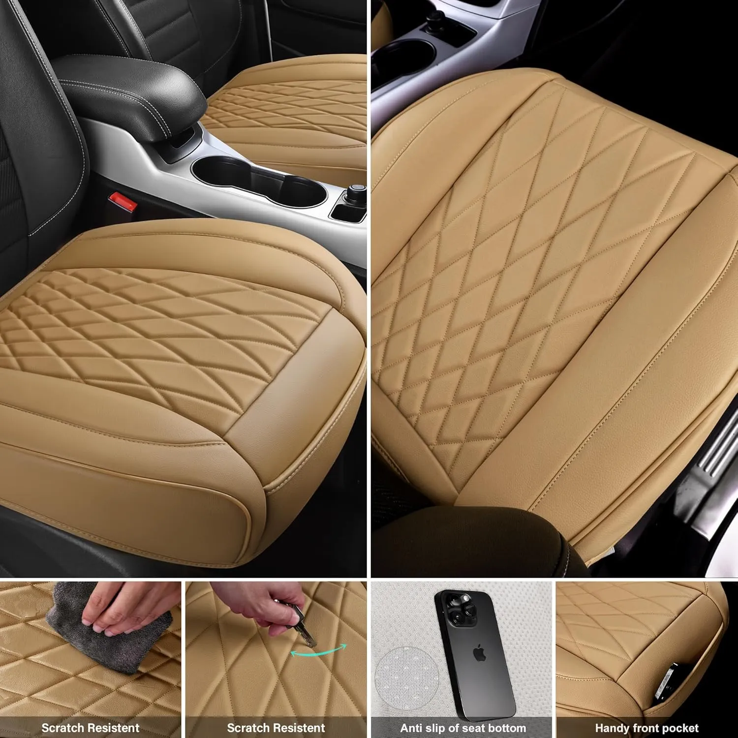 CAR PASS 2 Pack Leather Front Car Seat Covers, Bottom Seat Covers Full Wrapped with Storage Pocket, Anti-Slip Leather Seat Protectors,Waterproof Seat Cushion Pad Universal Fit Sedan SUV Truck, Beige