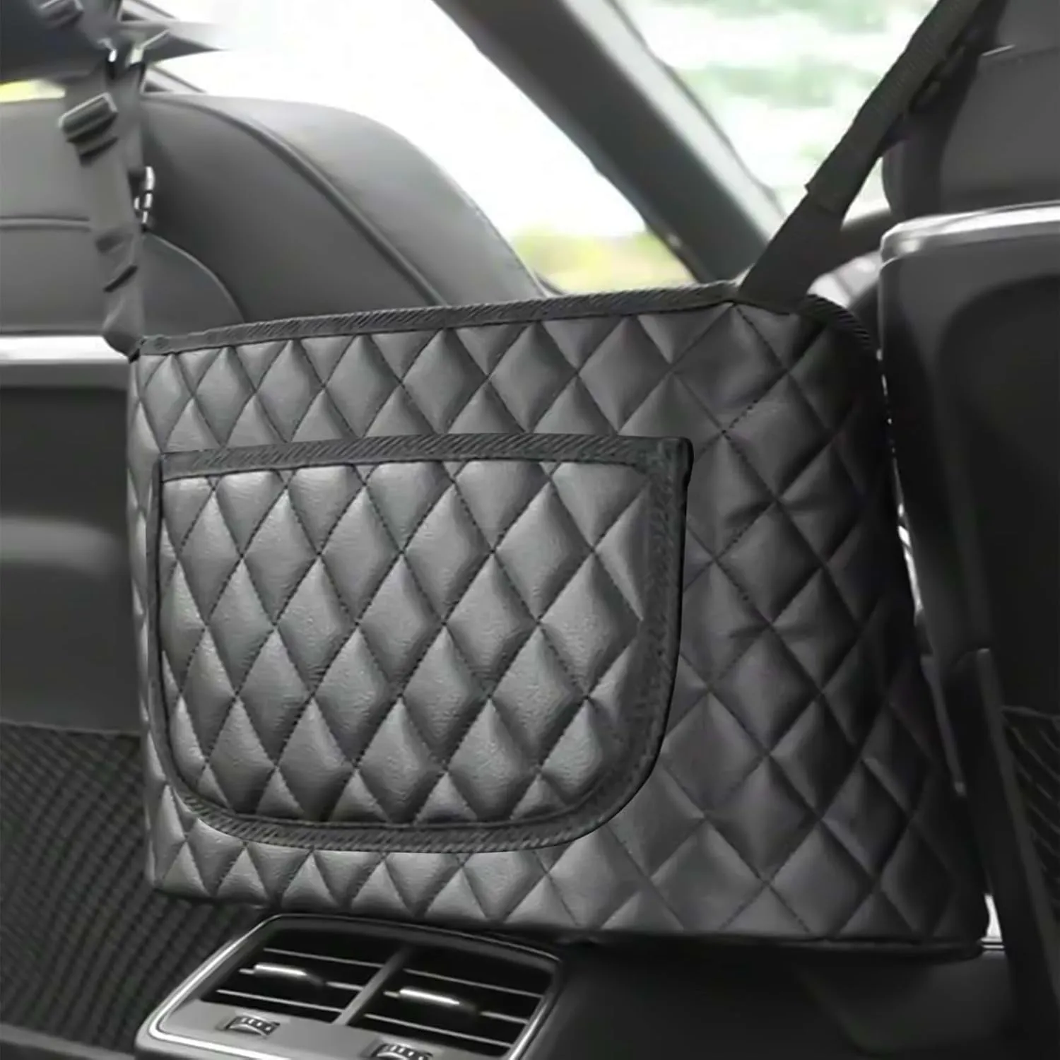 Car Purse Holder Between Seats Leather Purse Holder for Car, Car Net Pocket Handbag Holder Front Seat Back Organizer Large Capacity Bag Box Storage Interior Backseat Barrier for Kids Pet