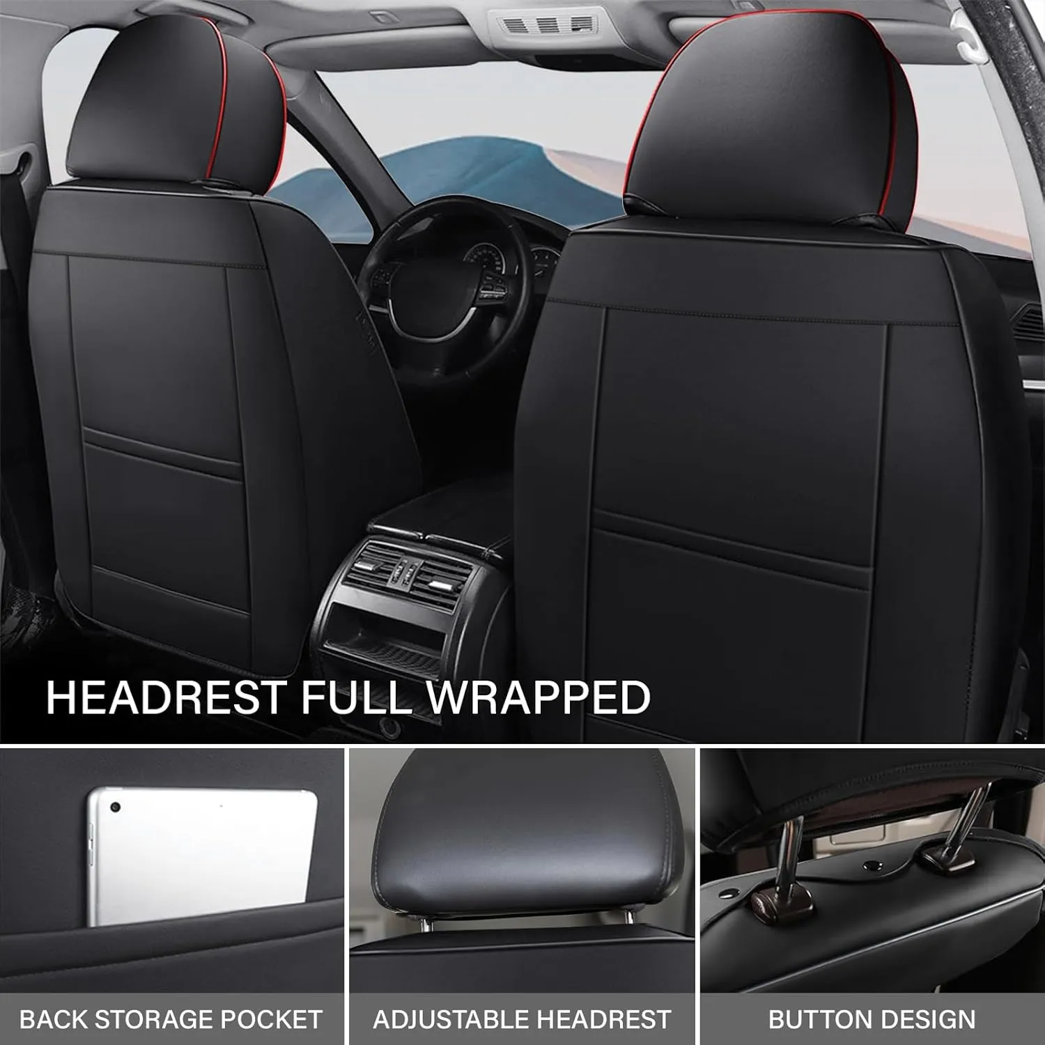 Car Seat Cover for Jaguar F-PACE 2017-2022,Premium Nappa Leather Waterproof Anti-Slip Sports Seat Cover,Airbag Compatible Easy to Install Seat Protector Full Set（Black&RED LINE）