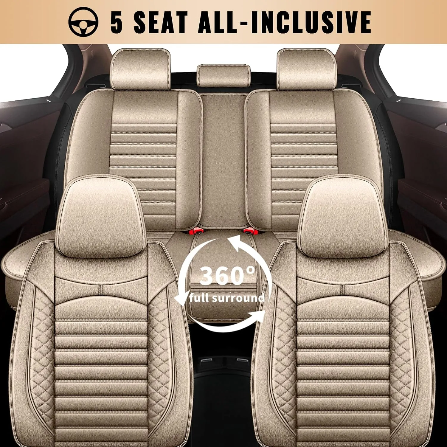 Car Seat Covers Fit for Hyundai Kona 2018-2025: Full Set 5 Seats Faux Leather Seat Cover Waterproof Seat Protectors Automotive Seat Cushion(Beige)-2 Rows 5 Seats