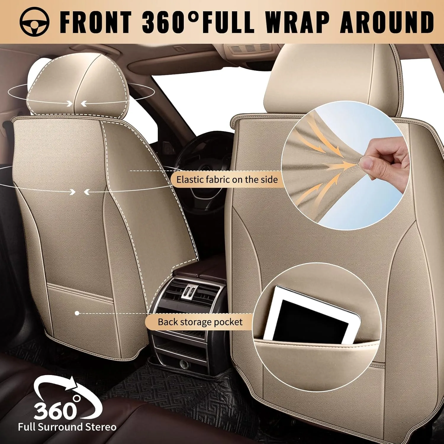 Car Seat Covers Fit for Hyundai Kona 2018-2025: Full Set 5 Seats Faux Leather Seat Cover Waterproof Seat Protectors Automotive Seat Cushion(Beige)-2 Rows 5 Seats