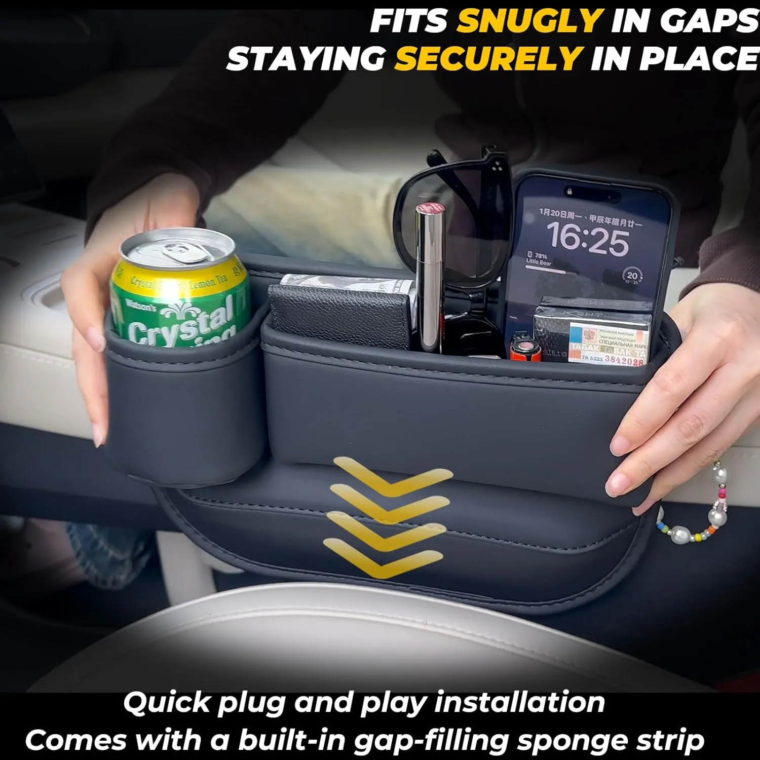 Car Seat Gap Filler Organizer, Car Seat Organizer, Seat Gap Storage Box with Cup Holders for Drink, Car Leather Cup Holder Gap Bag Front Seat for Holding Phone, Sunglasses,Keys, cards（Brown Driver's )