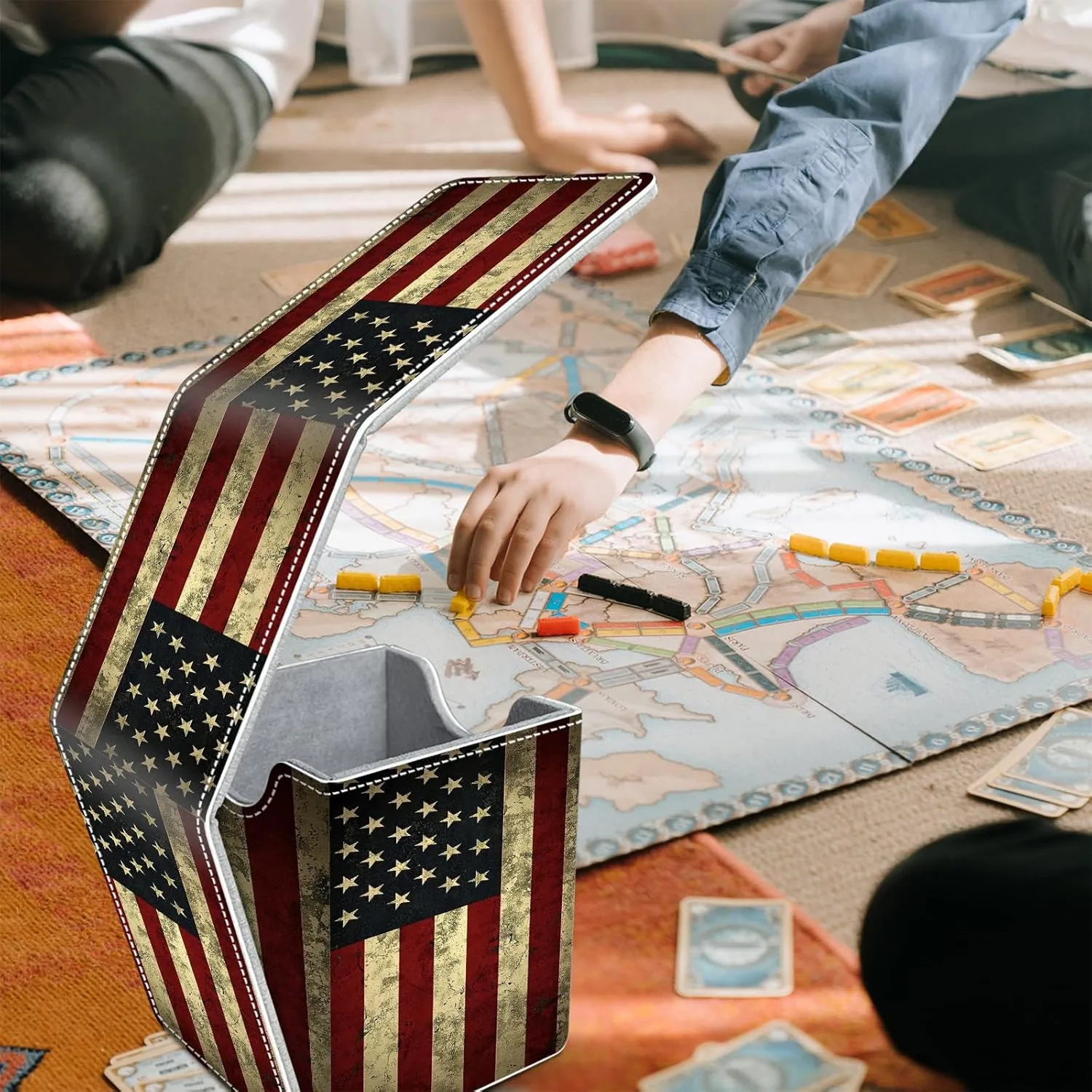 Card Deck Box for Commander Deck Box, MTG Deck Box Fits 100  Double/150  Single Sleeved Cards, PU Leather Strong Magnet Waterproof Card Case for TCG CCG Trading Card Games, Vintage USA Flag