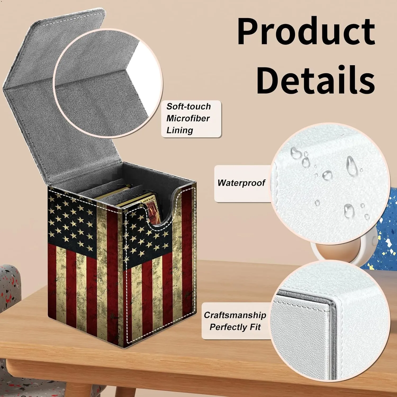 Card Deck Box for Commander Deck Box, MTG Deck Box Fits 100  Double/150  Single Sleeved Cards, PU Leather Strong Magnet Waterproof Card Case for TCG CCG Trading Card Games, Vintage USA Flag