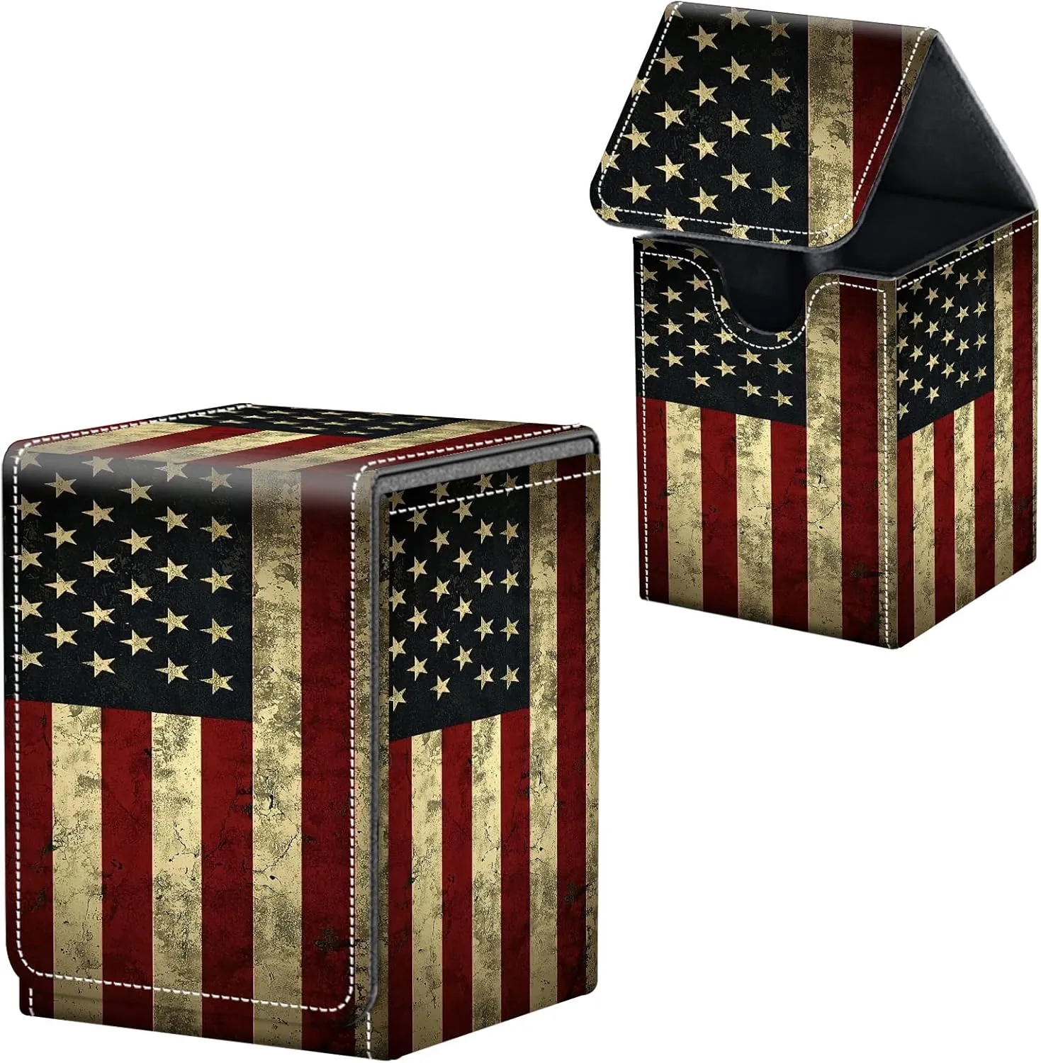 Card Deck Box for Commander Deck Box, MTG Deck Box Fits 100  Double/150  Single Sleeved Cards, PU Leather Strong Magnet Waterproof Card Case for TCG CCG Trading Card Games, Vintage USA Flag
