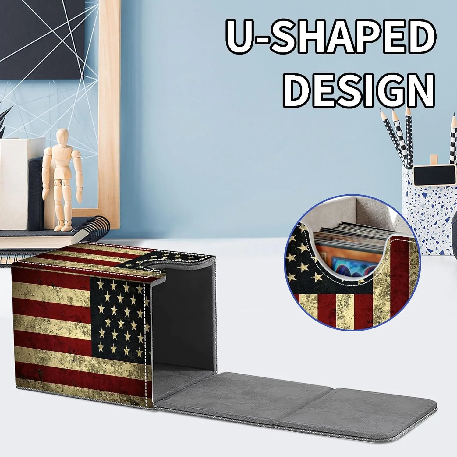 Card Deck Box for Commander Deck Box, MTG Deck Box Fits 100  Double/150  Single Sleeved Cards, PU Leather Strong Magnet Waterproof Card Case for TCG CCG Trading Card Games, Vintage USA Flag