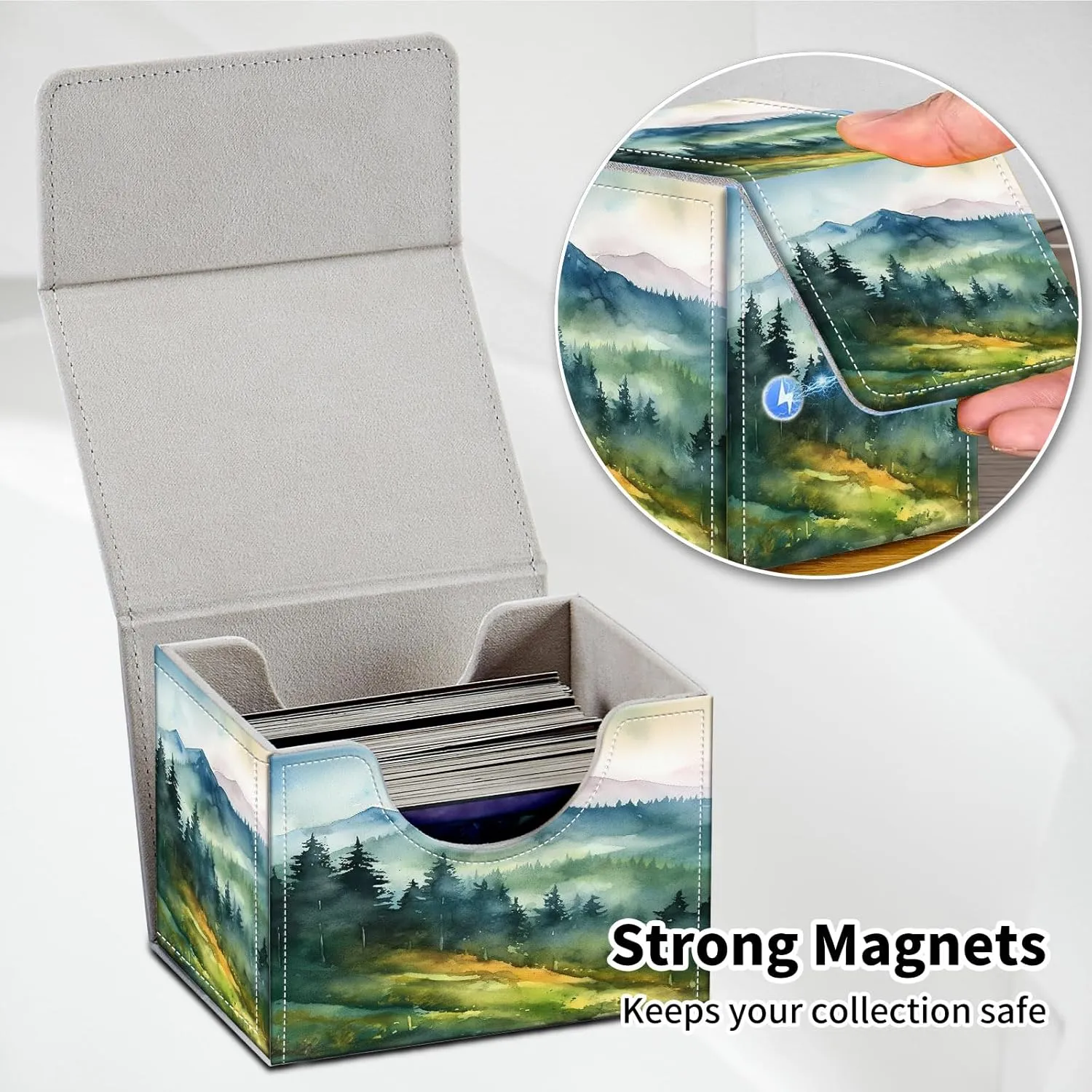 Card Deck Box for MTG, PU Leather Microfiber Lining Trading Card Storage Case Fits 100  Sleeved Cards Strong Magnet Cover Holder for Magic Commander TCG CCG, Watercolor Landscape Painting