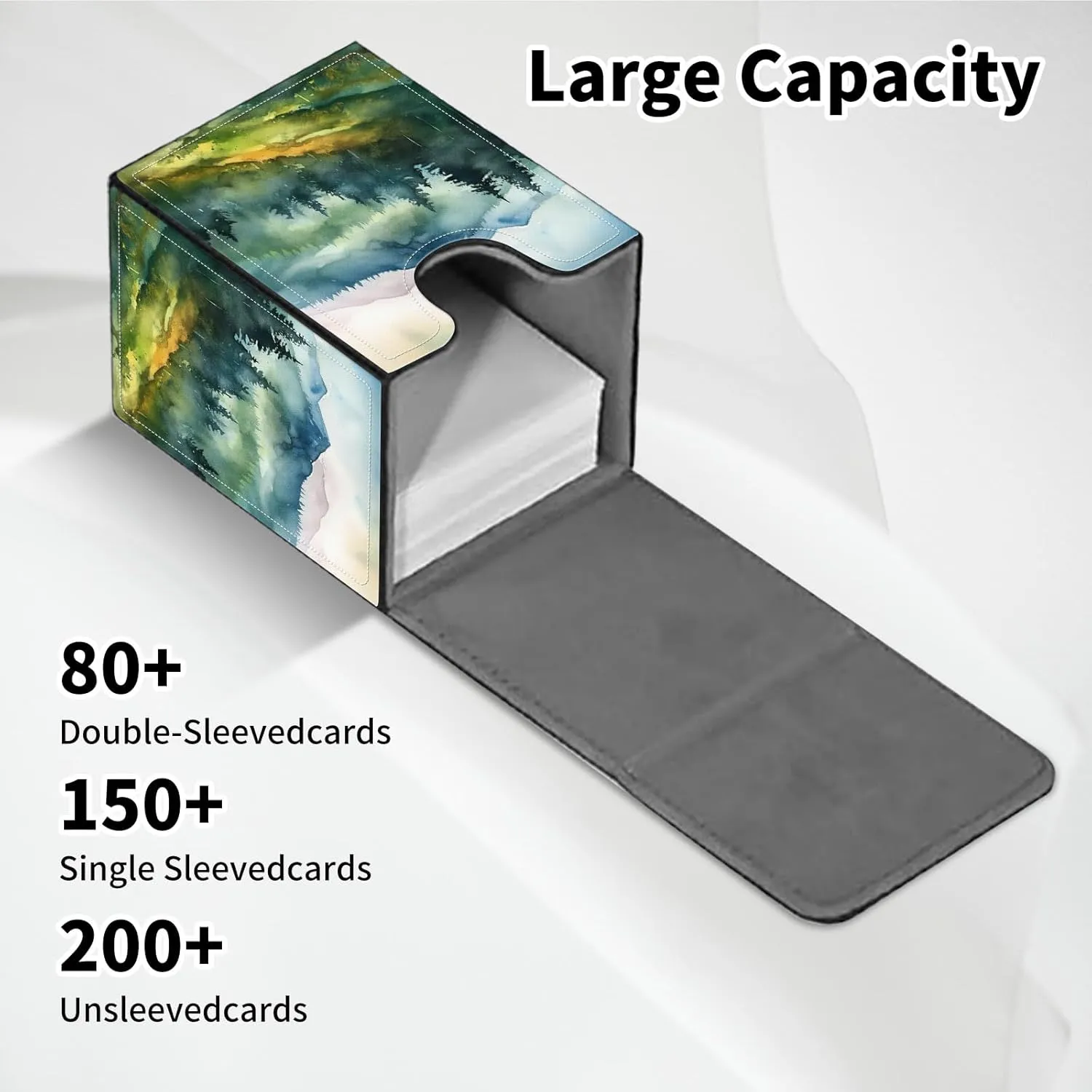 Card Deck Box for MTG, PU Leather Microfiber Lining Trading Card Storage Case Fits 100  Sleeved Cards Strong Magnet Cover Holder for Magic Commander TCG CCG, Watercolor Landscape Painting