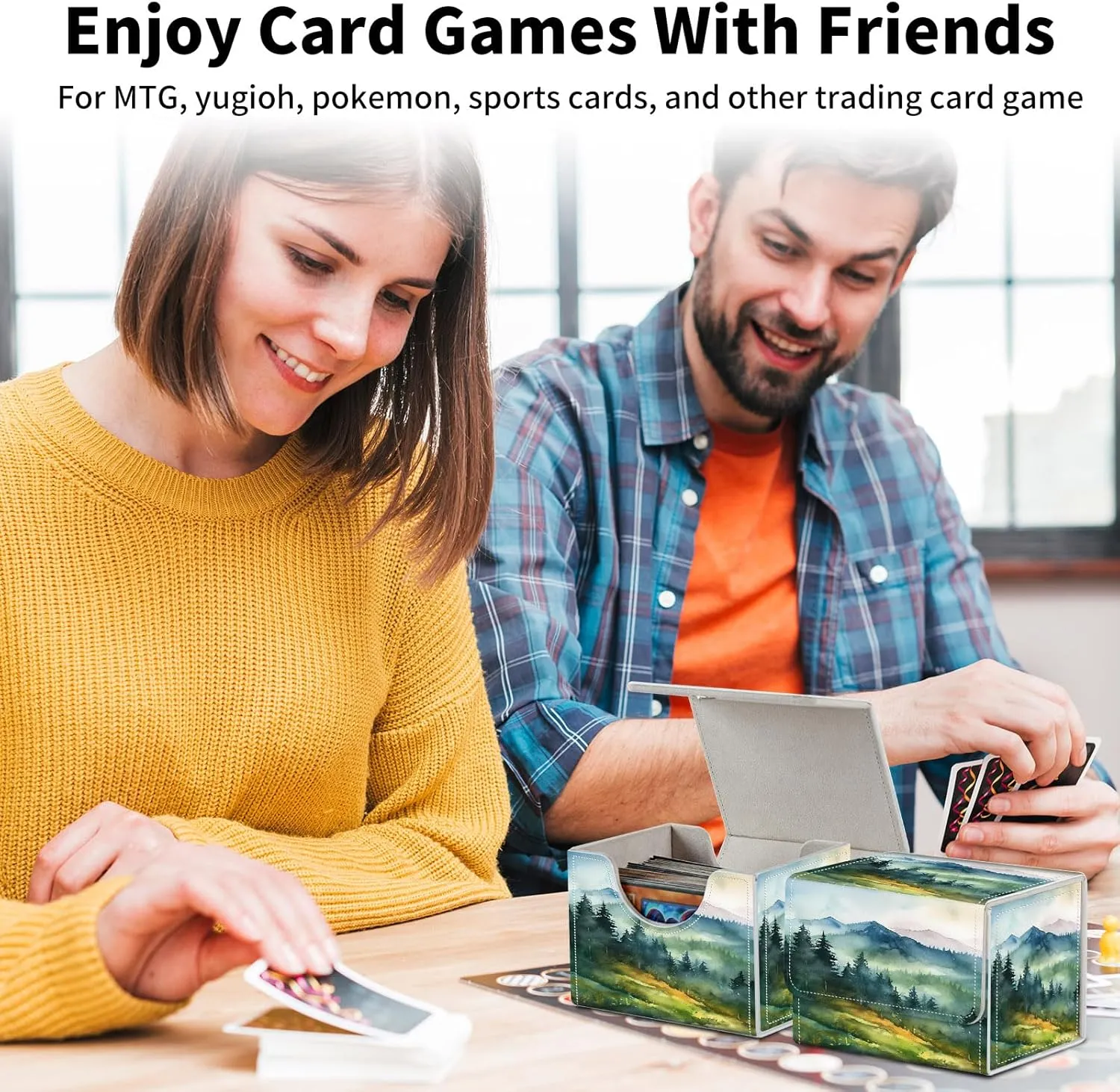 Card Deck Box for MTG, PU Leather Microfiber Lining Trading Card Storage Case Fits 100  Sleeved Cards Strong Magnet Cover Holder for Magic Commander TCG CCG, Watercolor Landscape Painting