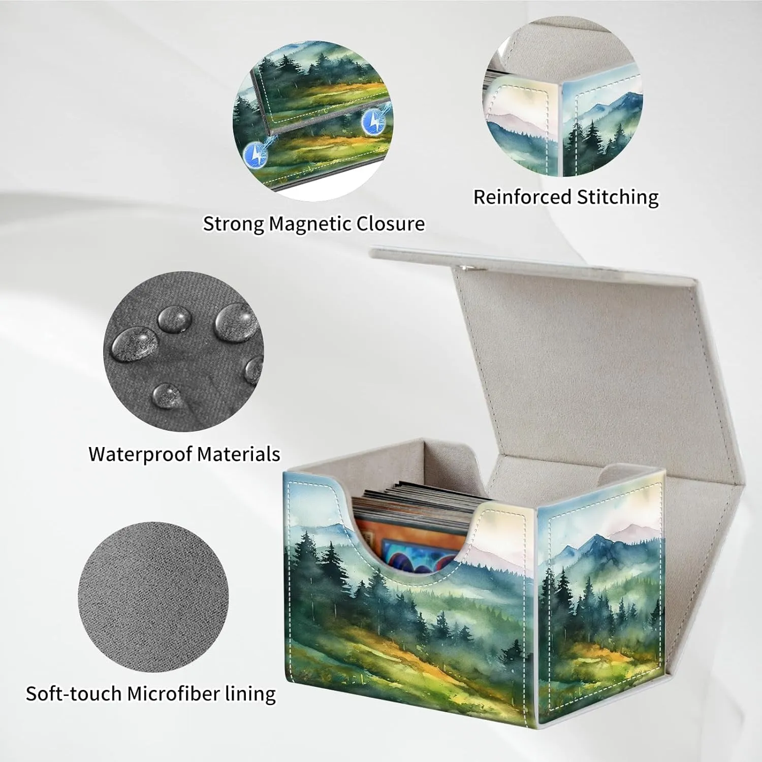 Card Deck Box for MTG, PU Leather Microfiber Lining Trading Card Storage Case Fits 100  Sleeved Cards Strong Magnet Cover Holder for Magic Commander TCG CCG, Watercolor Landscape Painting