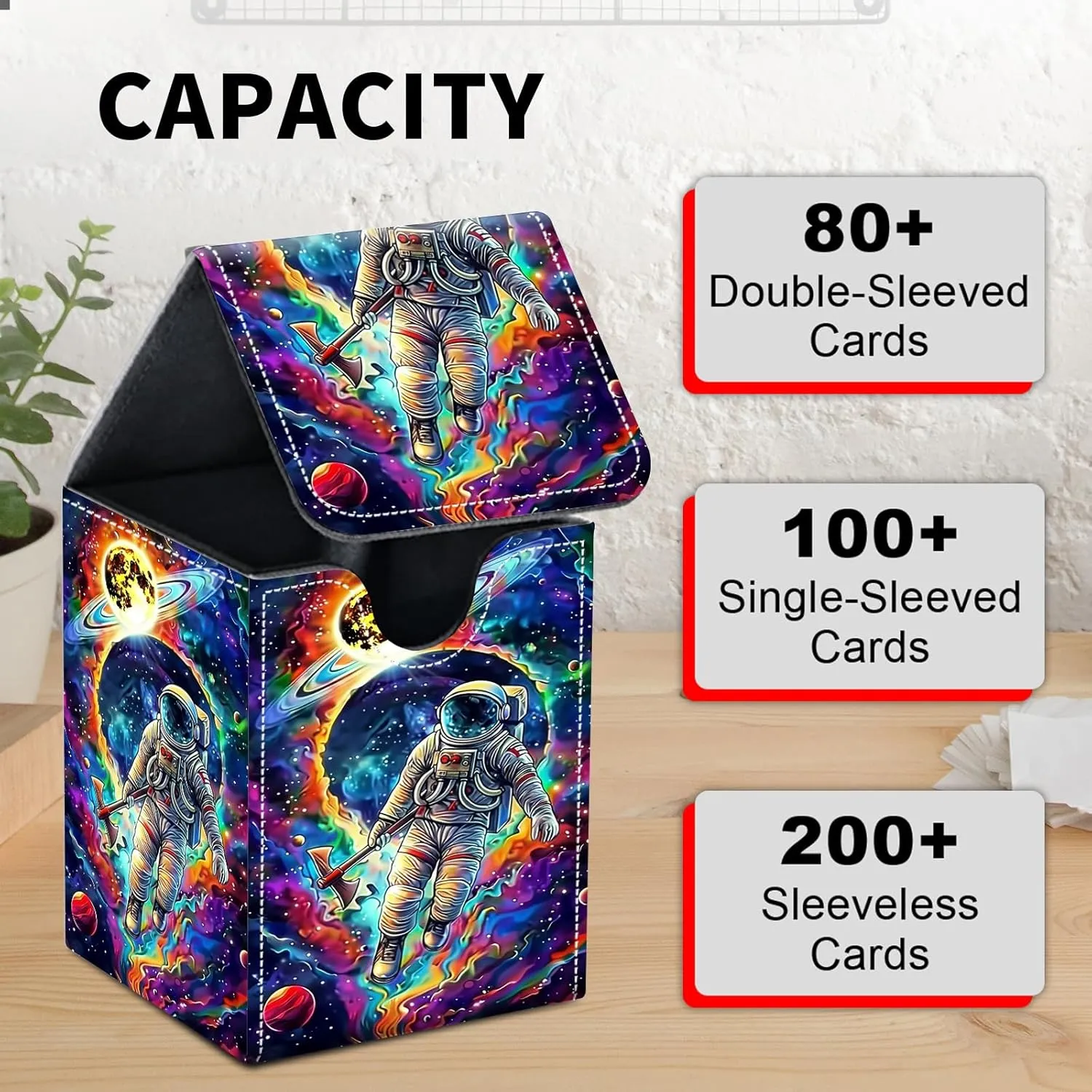 Card Deck Box for MTG Trading Cards, Magic Card Box Can Hold 110  Single Sleeved Cards, Waterproof PU Leather Material, Strong Magnetic Buckle Card Set Box Suitable for TCG CCG, Space Men Colorful