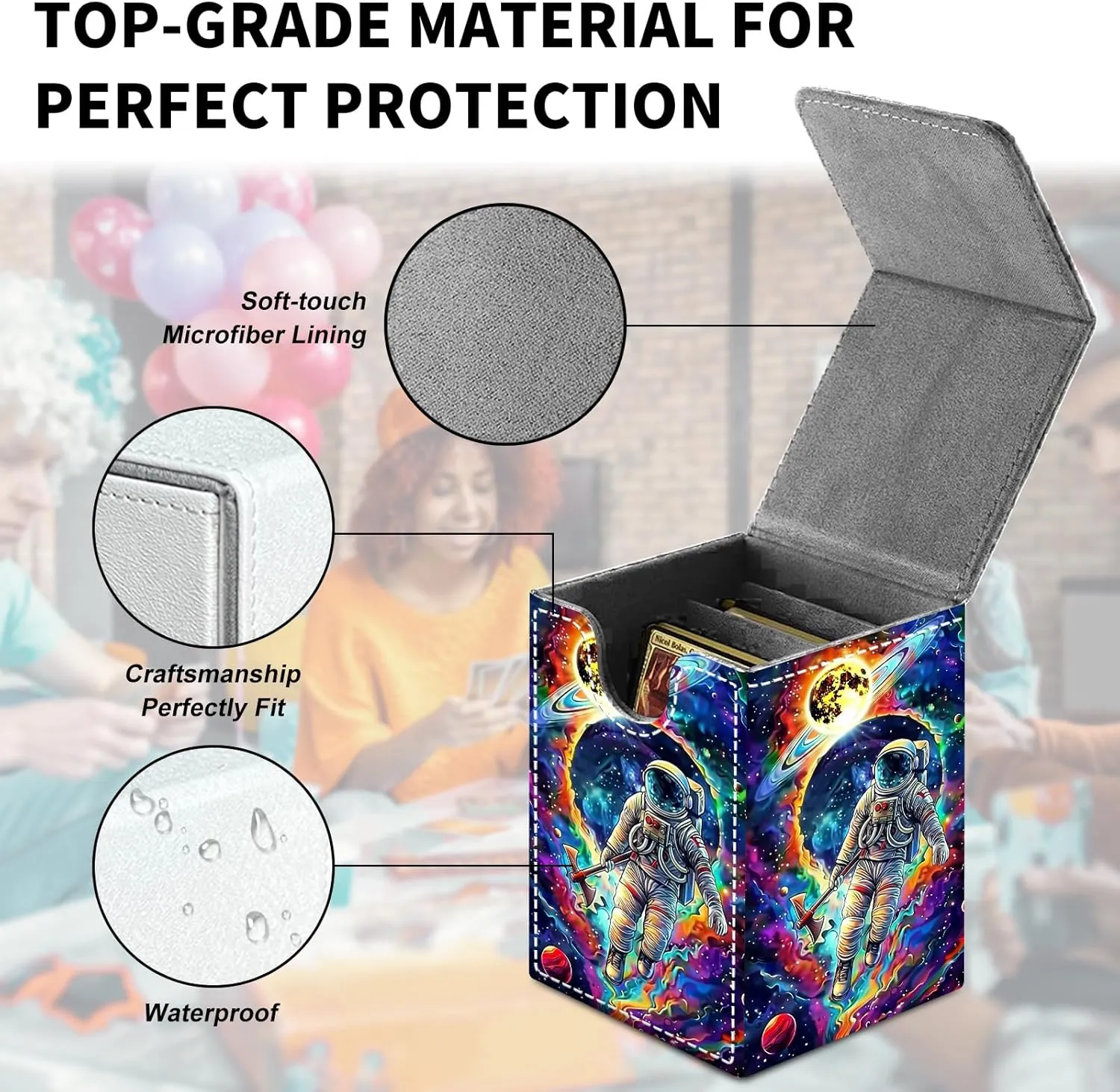 Card Deck Box for MTG Trading Cards, Magic Card Box Can Hold 110  Single Sleeved Cards, Waterproof PU Leather Material, Strong Magnetic Buckle Card Set Box Suitable for TCG CCG, Space Men Colorful